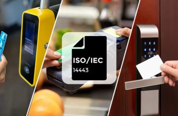 ISO-14443 protocol guide Composite Image of Contactless Payment and Access Control Systems Featuring the ISO/IEC 14443 Standard Document Icon