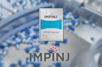 Impinj M700 Series RAIN RFID Tag Chips with Corporate Branding on a Pharmaceutical Production Background