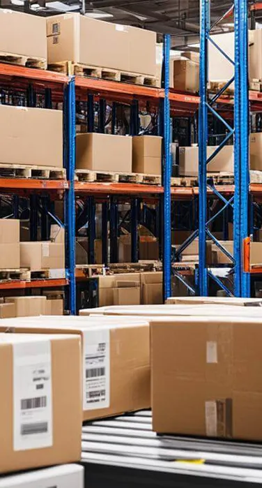 Supply chain Warehouse Storage Racks and Conveyor Belt with Cardboard Boxes