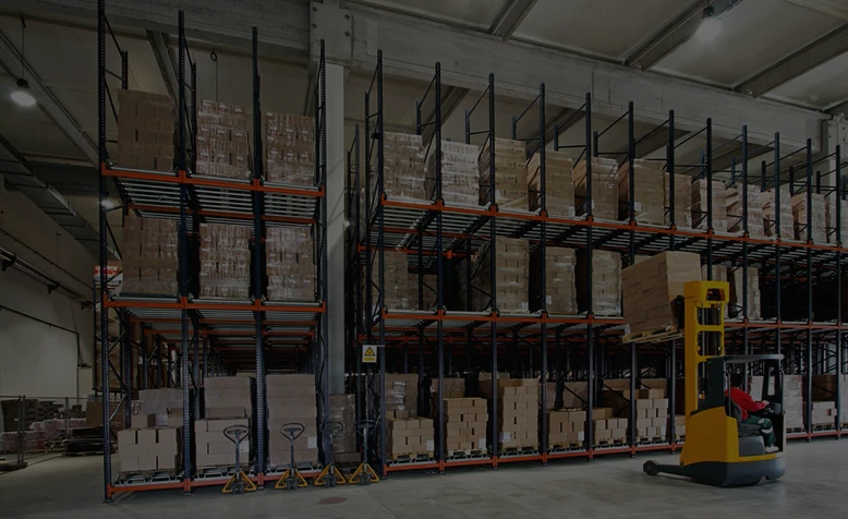 Inventory & Warehouse Management Large Modern Warehouse Interior with High Metal Shelving and a Forklift