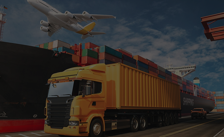 Cargo Ship, Yellow Semi-Truck, and Airplane at a Container Port