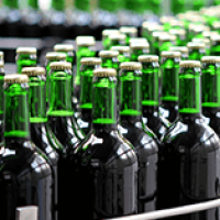 Rows of Green Glass Bottles on a Production Line Conveyor