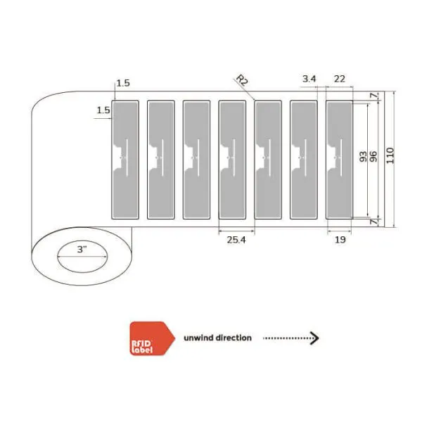 Technical diagram of 9622mm UHF-RFID-Label showing Alien Higgs EC antenna layout and roll specifications.