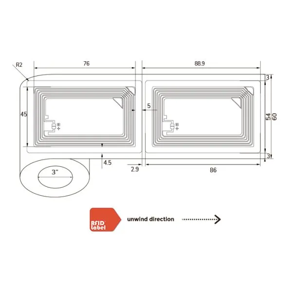 Technical diagram of 8654mm large-format NFC-Label showing ICODE SLIX2 antenna layout.