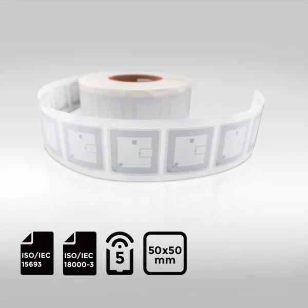 5050mm NFC-label with NXP ICODE SLIX2 chip and 2560 bits memory for smart packaging.