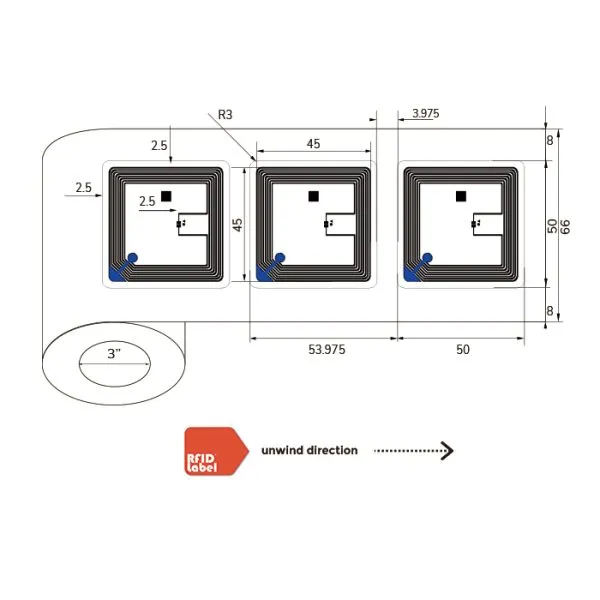 Technical diagram of 5050mm NFC-label showing ICODE SLIX2 antenna layout and roll specifications.