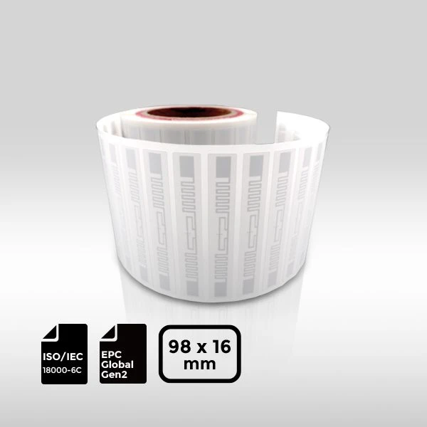 9816mm UHF-RFID-Label featuring Impinj Monza 4QT chip for high-speed asset tracking and inventory control.