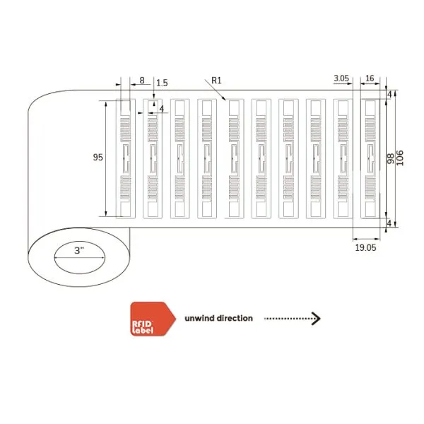 Technical diagram of 9816mm UHF-RFID-Label showing roll dimensions and unwind direction for industrial printers.