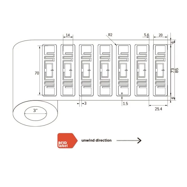 Technical diagram of 7320mm UHF-RFID-Label showing Alien Higgs 10 antenna layout and roll specifications.