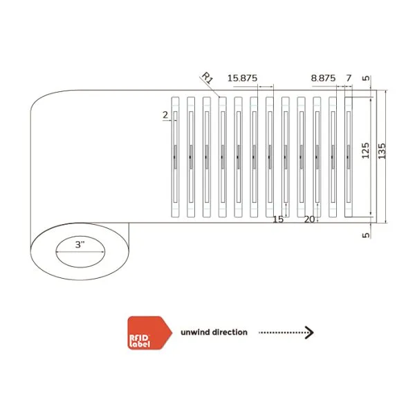 Technical diagram of 1257mm UHF-RFID-Label showing Alien Higgs 10 antenna layout and roll specifications.