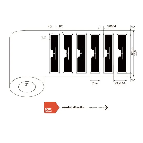 Technical diagram of 4 1 UHF-RFID-label showing Alien Higgs 3 antenna layout and roll specifications.