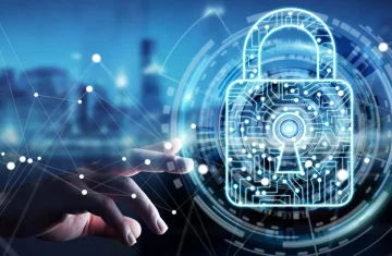 Exploring Post Quantum Cryptography Advancing RFID Label Security in the Quantum Era A person's hand touching a glowing digital padlock interface with network nodes against a blue background representing post quantum cryptography in RFID label security.