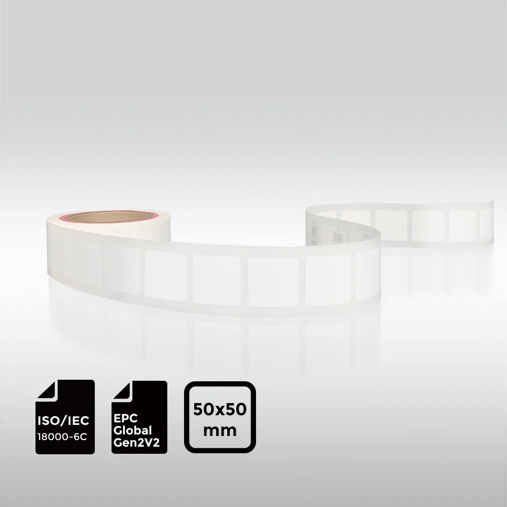 Roll of ISO 18000 6C EPCglobal Gen2V2 UHF RFID labels measuring 50 by 50 millimeters