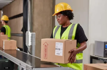 Worker Scanning Box with NFC/RFID Reader Warehouse worker scanning items with an RFID/NFC reader as part of the supply chain process