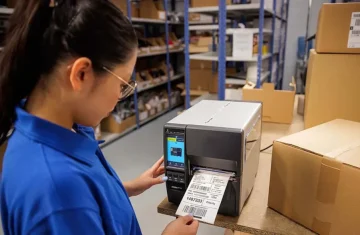 A woman working in a warehouse, using a barcode printer to print shipping labels.