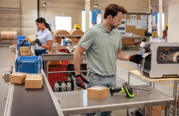 Two workers in a warehouse are handling packages while an RFID label printer is being used for labeling.