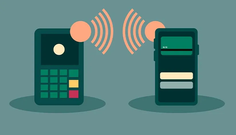 NFC Payment Interaction Between Smartphone and Terminal Illustration of two devices (payment terminal and smartphone) using NFC technology to make a contactless payment.
