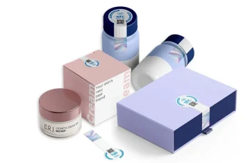 Cosmetic packaging with NFC tags and QR codes for tracking and authentication.