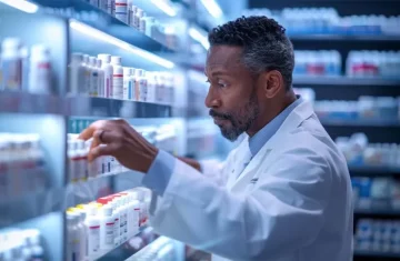 Pharmacist organizing medication bottles on shelves in a pharmacy setting