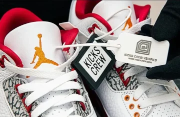a pair of Jordan sneakers with a Kicks Crew verification RFID tag