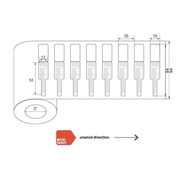 Roll of PET RFID jewelry labels with tamper-evident UCODE G2iL chip for discreet, secure tagging