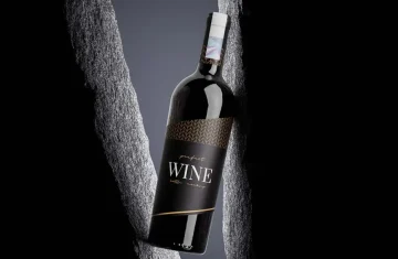 A wine bottle with a sleek black label featuring the word WINE and a modern design, placed against a dark background.