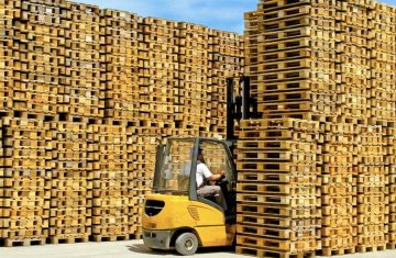 A forklift transporting pallets in a warehouse with large stacks of wooden pallets in the background.