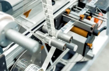 A machine processing custom NFC stickers, with rolls and precision cutting in action.