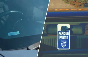 RFID Parking Sticker vs Traditional Permit Comparison of an RFID parking sticker and a traditional parking permit displayed on car windows