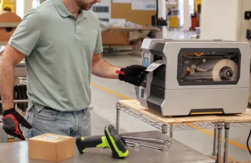 A worker operating an RFID label printer in a warehouse.