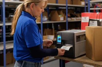 A female warehouse worker in a blue shirt is printing a shipping label from a thermal printer in a stockroom.