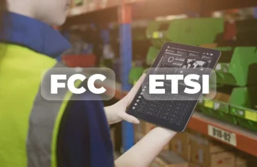 FCC and ETSI Regulations for RFID in Logistics A warehouse worker using a tablet with a logistics dashboard, with the words "FCC" and "ETSI" overlaid on the image.