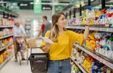 A young woman in a yellow shirt shopping in a supermarket aisle, holding a tablet and looking at a product on the shelf.
