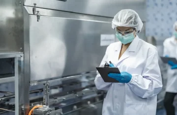 Quality Control Inspector in a Manufacturing Plant A female quality control inspector in a cleanroom suit, including a lab coat, hairnet, and face mask, writing on a clipboard in a factory.