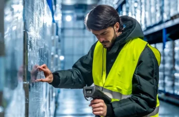 Selecting the Right RFID Scanner for Challenging Environments A male warehouse worker in a high-visibility vest and winter jacket uses a handheld RFID scanner to read a pallet wrapped in plastic in a cold storage facility.