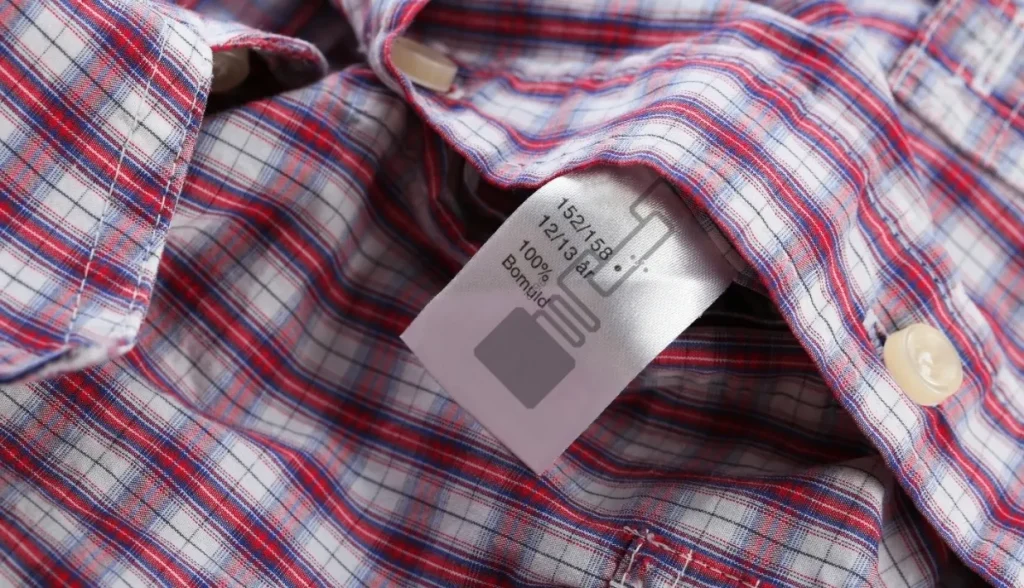 A close-up of a red and white plaid shirt's care label, clearly showing the embedded RFID antenna and chip.