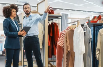 A male retail manager pointing while talking to a female colleague holding a tablet in a clothing store.