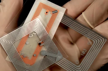 A gloved hand holding several different types of transparent RFID tags, showing their antenna patterns.