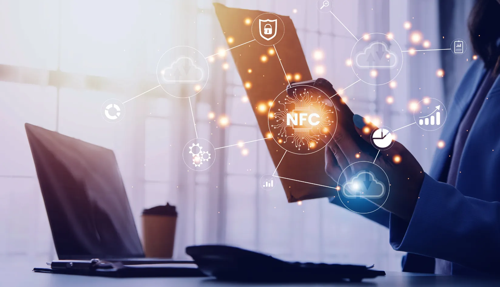 The Connected World at Your Fingertips Powering the Future with Near Field Communication Professional using a smartphone with NFC technology to interact with digital data networks for seamless connectivity.