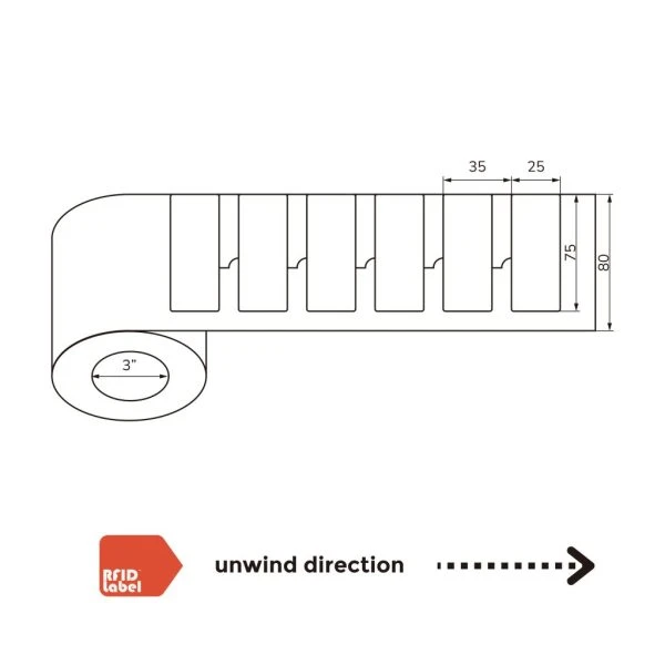 Detailed dimensions of the 75 25 mm tamper-evident UHF RFID label for proper installation and asset integration