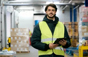 Warehouse Staff Using Digital Inventory Tools Warehouse worker wearing a reflective safety vest and holding a tablet while standing among pallets and boxes.
