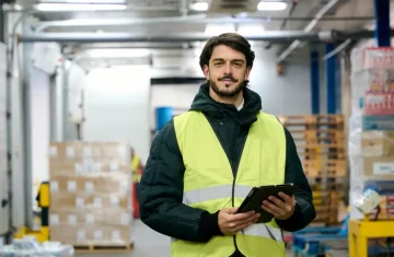 Warehouse Supervisor With Tablet In Logistics Center Warehouse supervisor wearing a high visibility vest holding a tablet in a logistics facility.