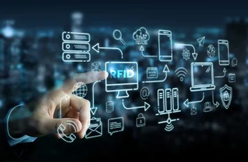RFID Technology and Connected Systems Interface A hand touches a digital interface labeled “RFID,” surrounded by connected technology and data icons.
