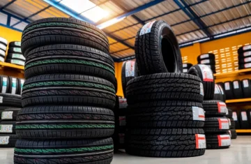 Car tire on a manufacturing machine in a factory