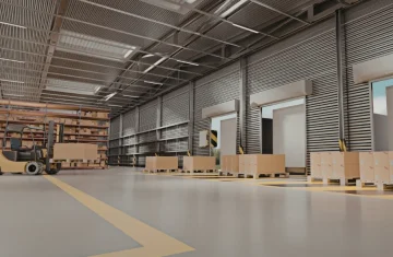 How DHL Uses RFID Pallet Tracking to Improve Pallet Turnover Efficiency Forklift and palletized boxes inside a modern warehouse near loading bays and storage shelves.