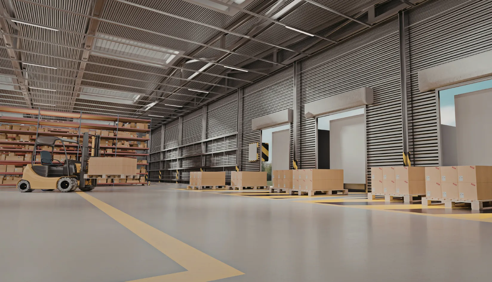 How DHL Uses RFID Pallet Tracking to Improve Pallet Turnover Efficiency Forklift and palletized boxes inside a modern warehouse near loading bays and storage shelves.