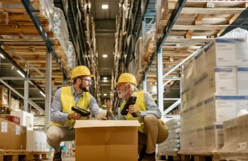 How to Choose RFID Labels Based on Packaging Material Two warehouse workers wearing yellow safety helmets inspect a product box with handheld scanners in a storage aisle.
