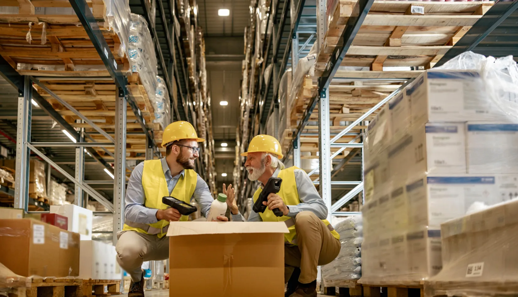 How to Choose RFID Labels Based on Packaging Material Two warehouse workers wearing yellow safety helmets inspect a product box with handheld scanners in a storage aisle.