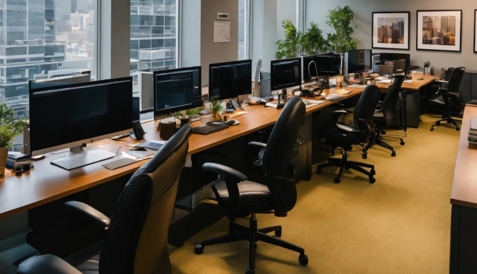 Empty modern office with multiple monitors and city skyline view
