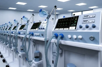 Row of medical ventilators with monitors and hoses in a clean hospital room